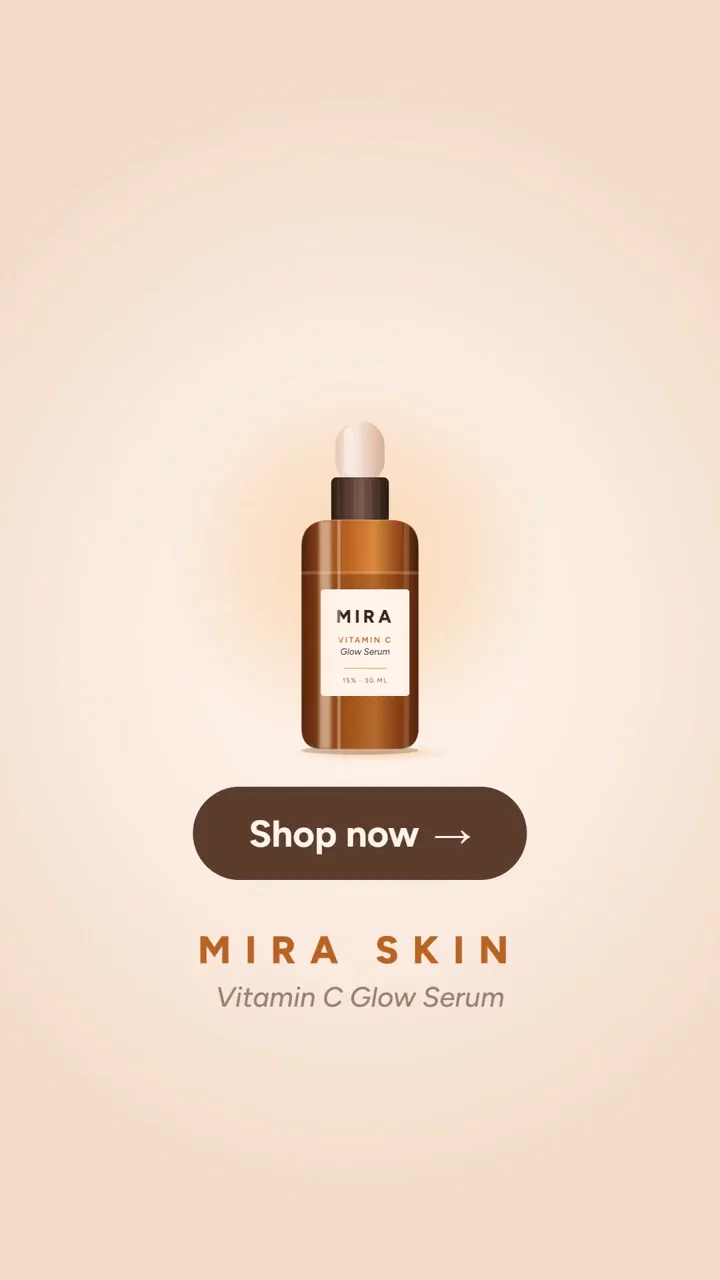 Static version of the Mira Skin ad: the serum bottle, a “Shop now” button, and the Mira Skin logo