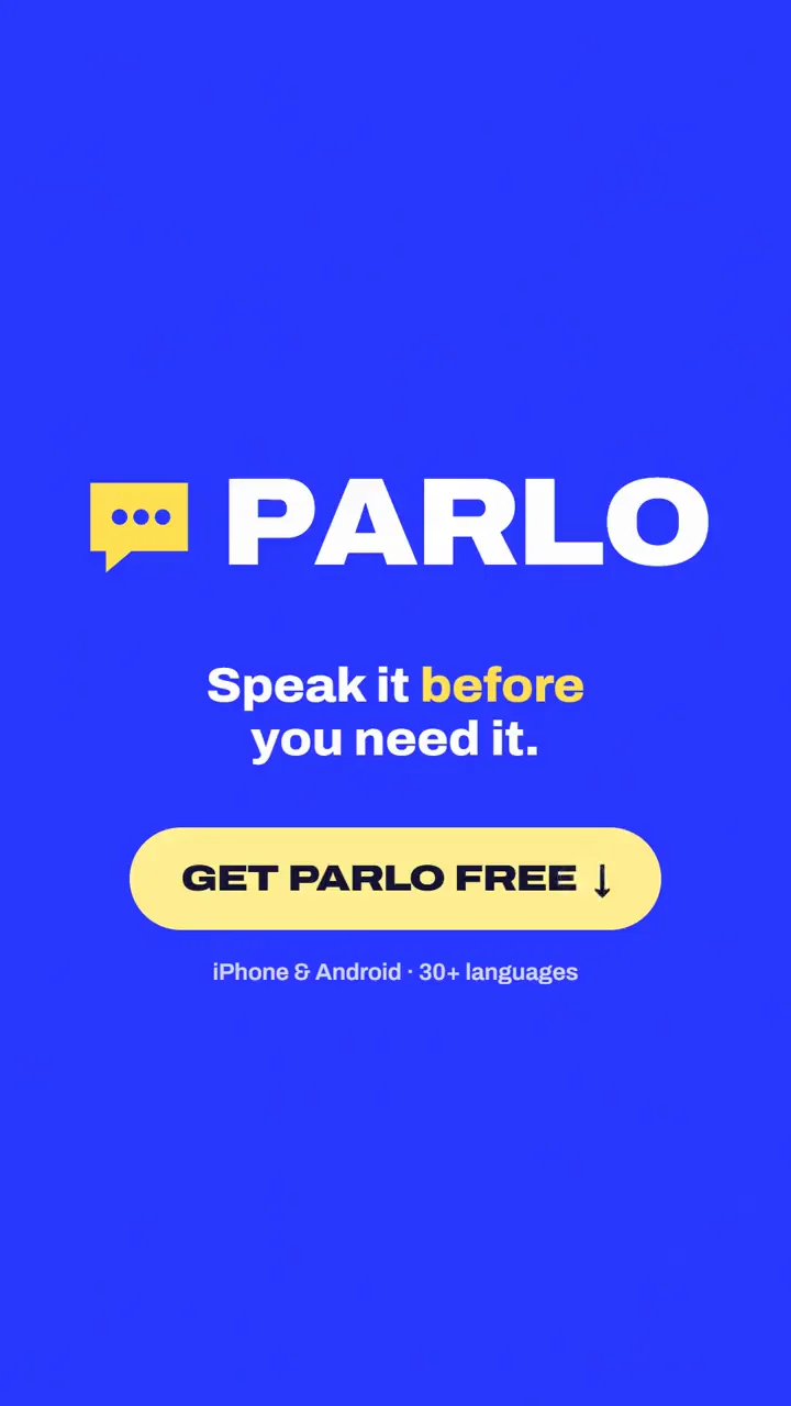Static version of the Parlo ad: logo, the line Speak it before you need it, and a “Get Parlo free” button