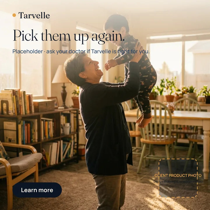 Tarvelle feed ad in 1:1: a woman lifts her grandson in morning light, headline Pick them up again.