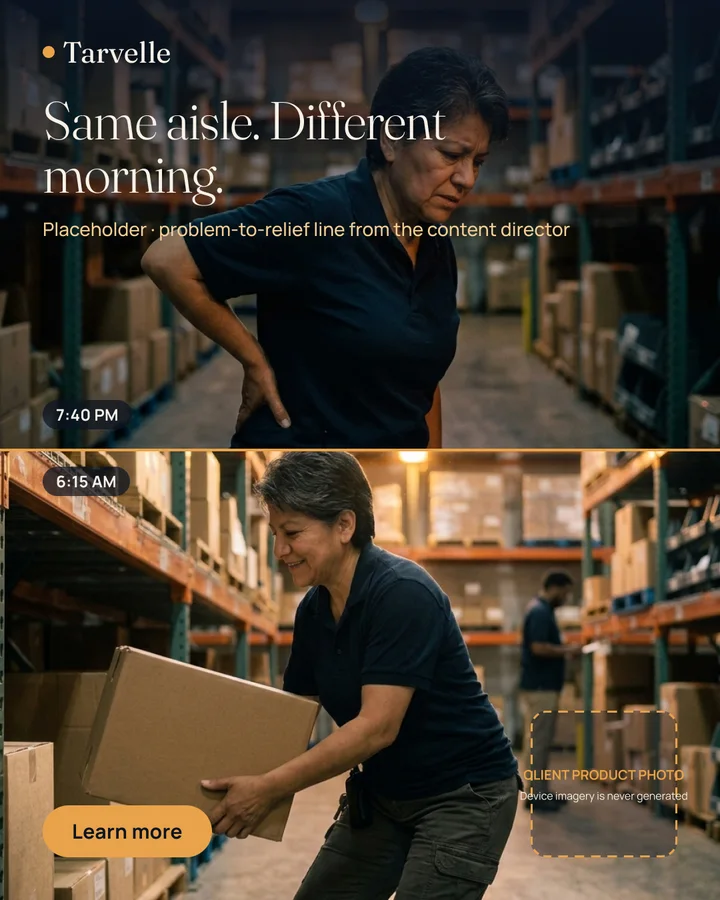 Tarvelle feed ad in 4:5: the same warehouse aisle at 7:40 PM and at 6:15 AM, with the headline Same aisle. Different morning.