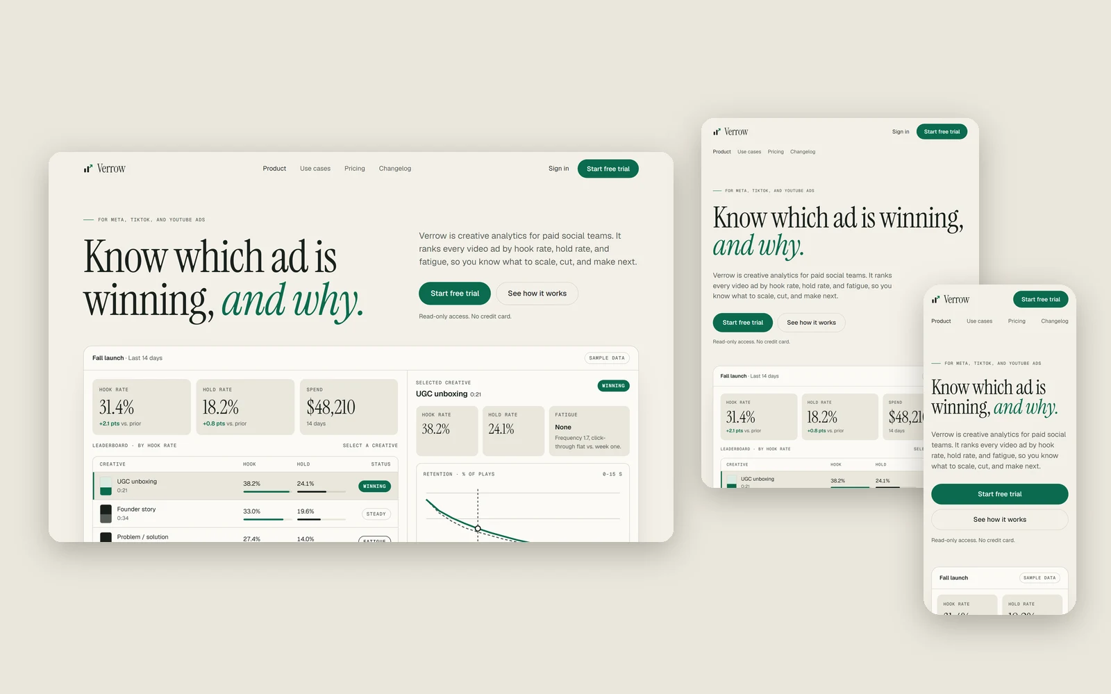 The Verrow site at desktop, tablet, and phone widths