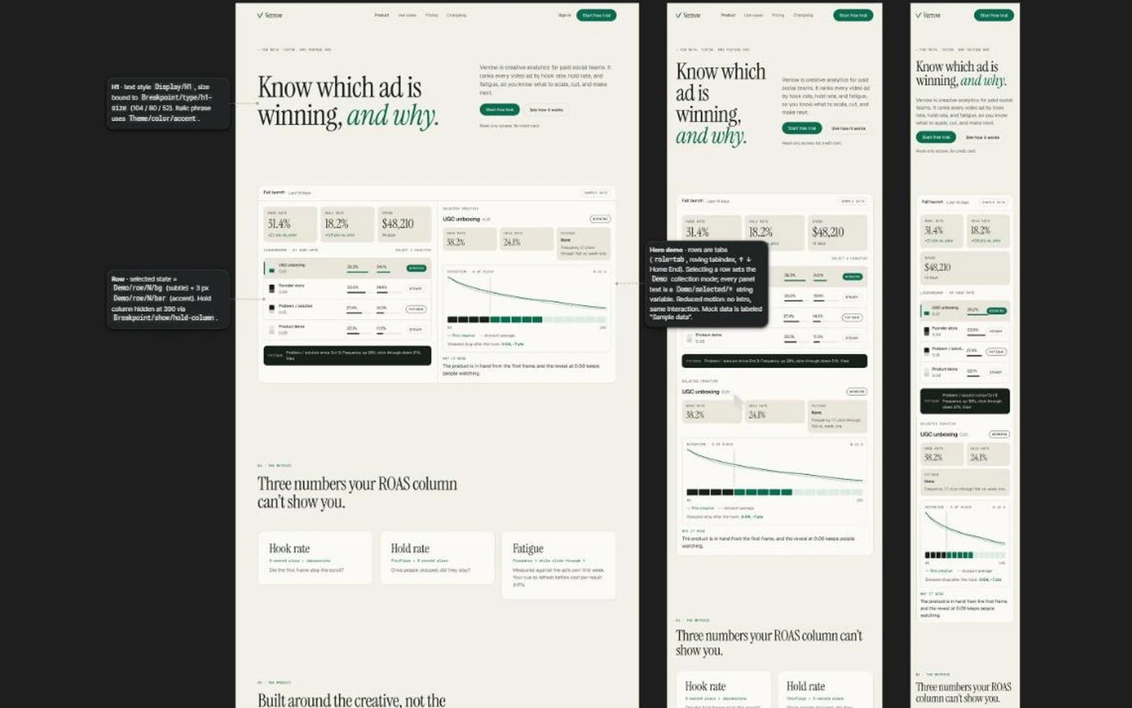 Verrow Figma file: the Home frame at three breakpoints with Dev Mode notes